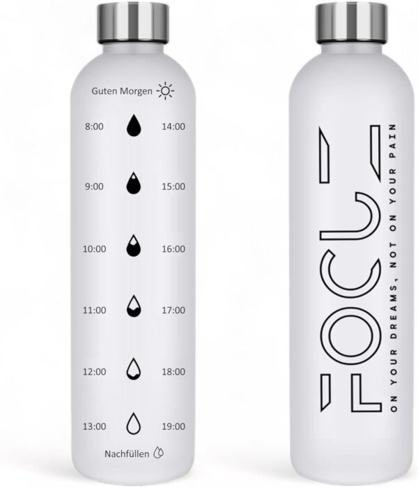 FOCUZ® Motivational Bottle 1 L mit motivierender Zeitmarkierung, Trinkflasche 1l, 1 Liter - auslaufsicher, BPA frei, spülmaschinenfest