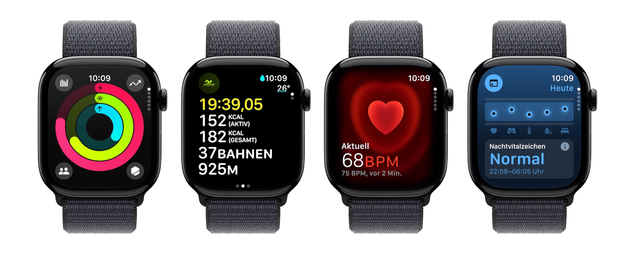 Apple Watch Series 10 (GPS 46 mm) Smartwatch mit Aluminiumgehäuse in Diamantschwarz und Sport Loop in Tinte (One Size). Fitnesstracker, EKG App, Always-On Retina Display, CO₂ neutral